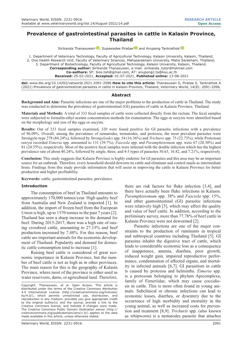 Prevalence of Gastrointestinal Parasites in Cattle in Kalasin Province, Thailand