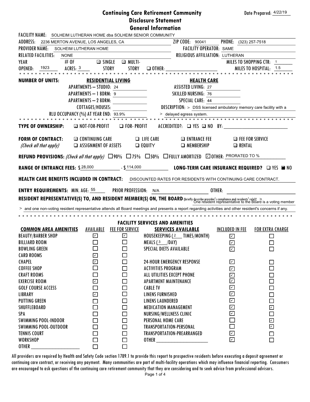 Continuing Care Retirement Community Disclosure Statement