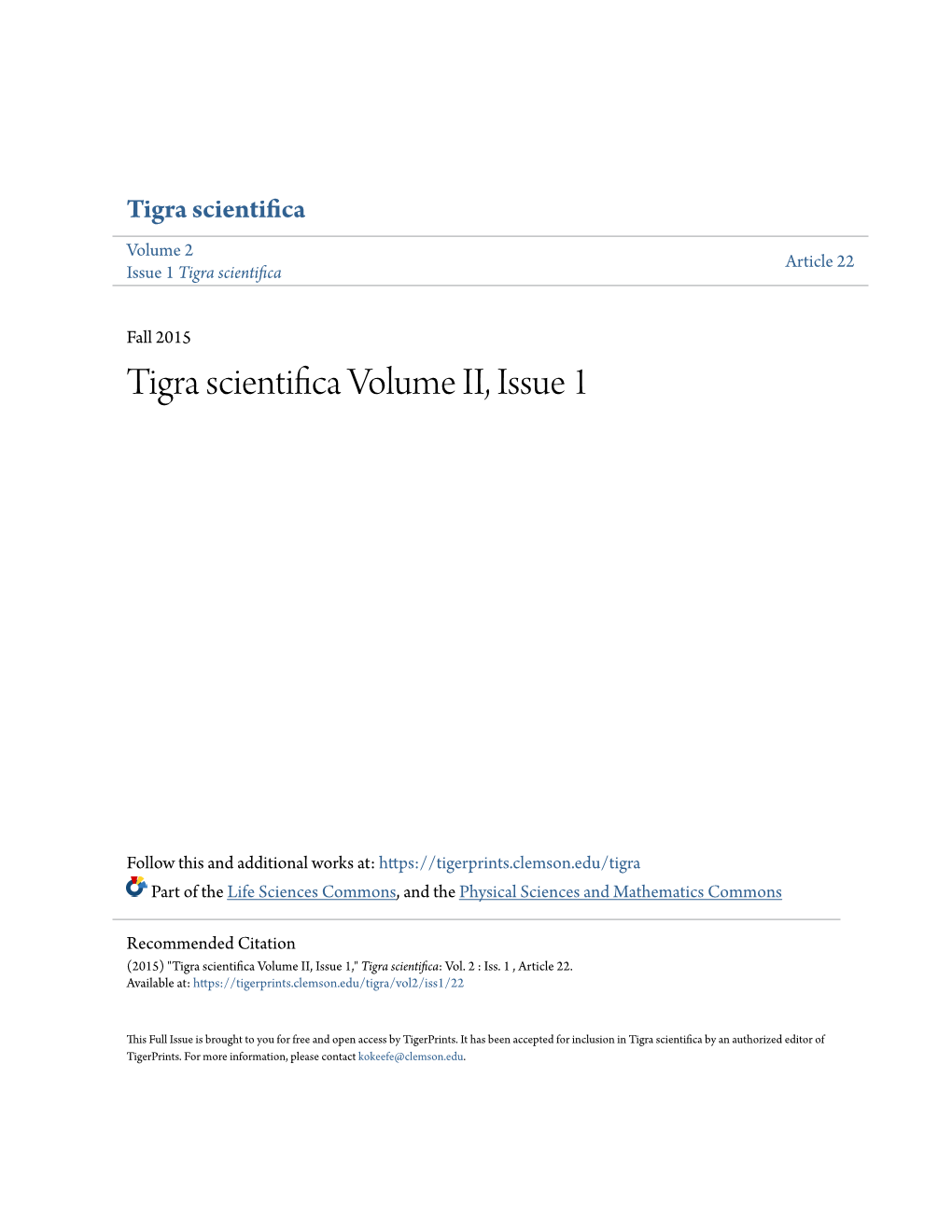 Tigra Scientifica Volume II, Issue 1