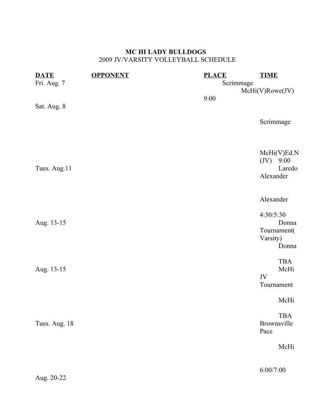 Date Opponent Place Time