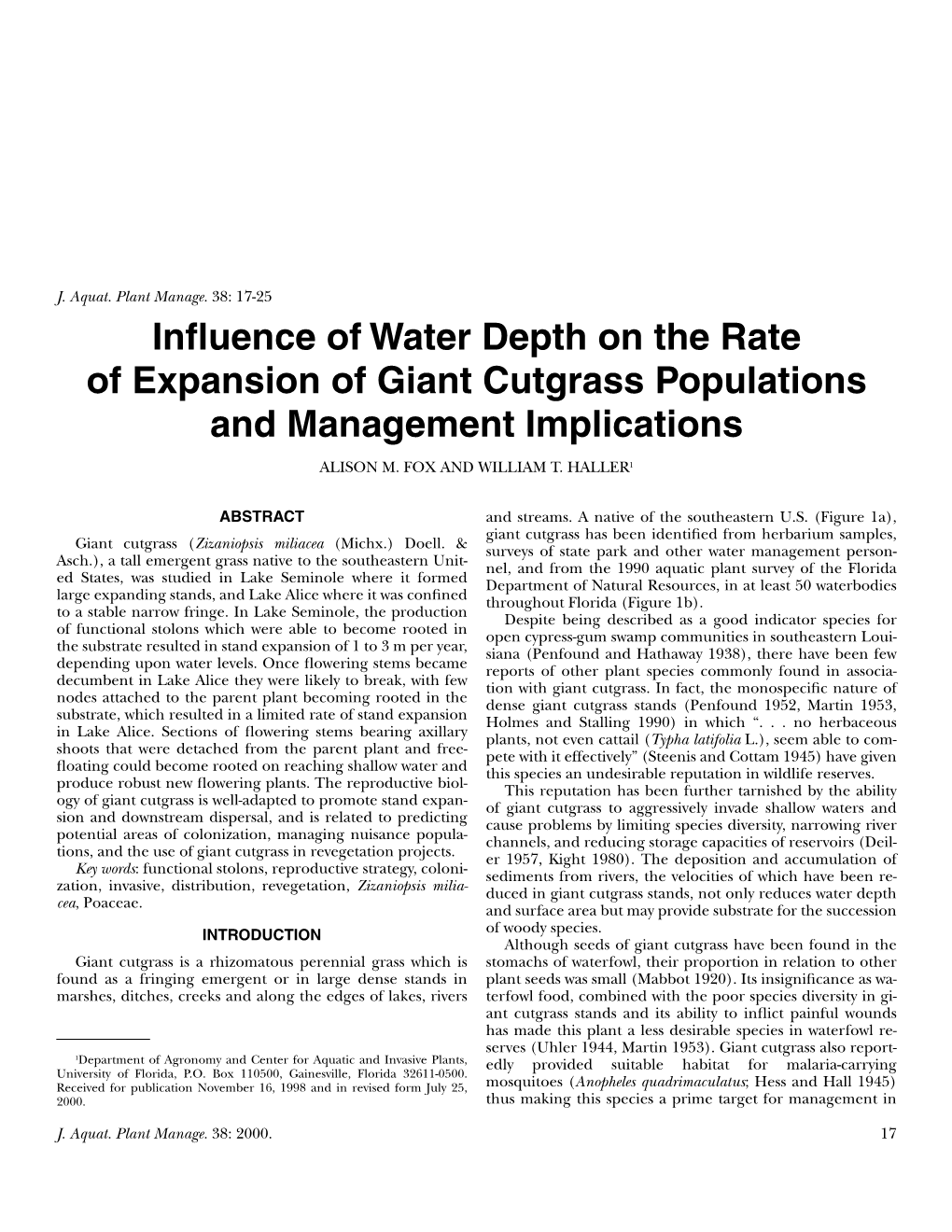 Influence of Water Depth on the Rate of Expansion of Giant Cutgrass