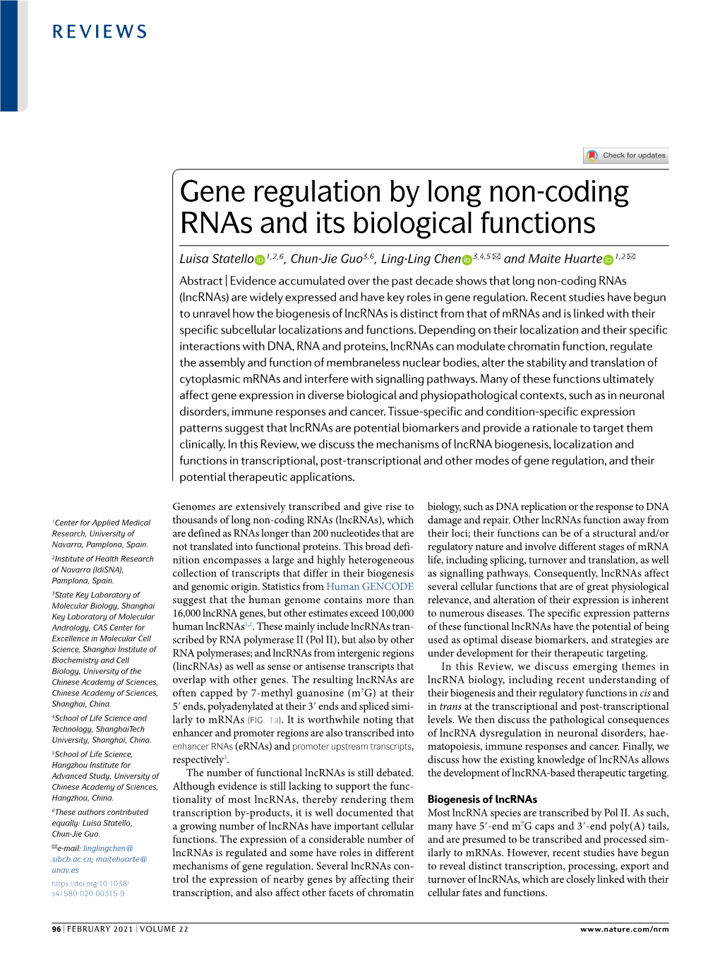 Gene Regulation by Long Non-Coding Rnas and Its Biological Functions
