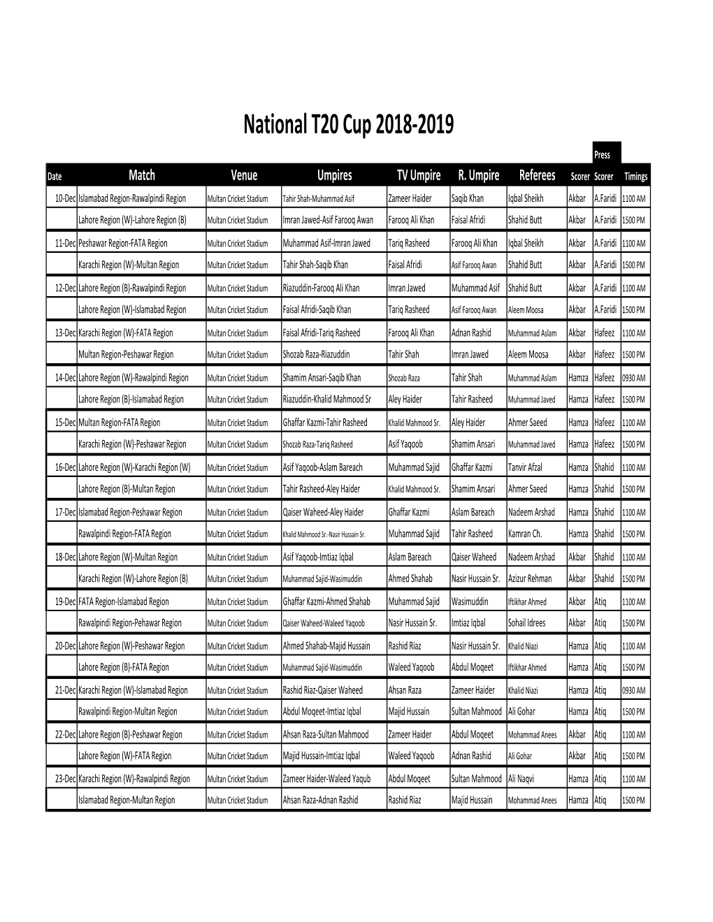 National T-20 Cup Schedule 2018.Xlsx