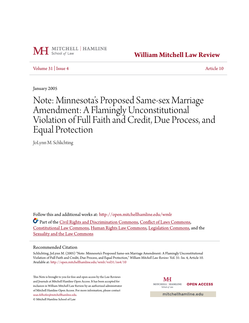Note: Minnesota's Proposed Same-Sex Marriage Amendment: A