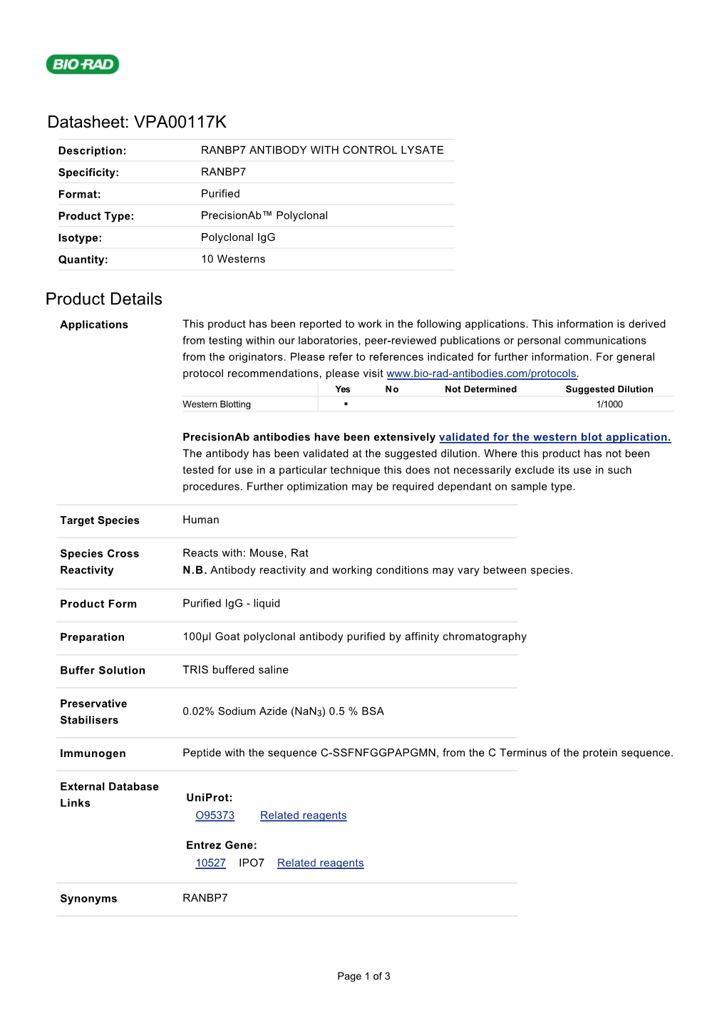 Datasheet: VPA00117K Product Details