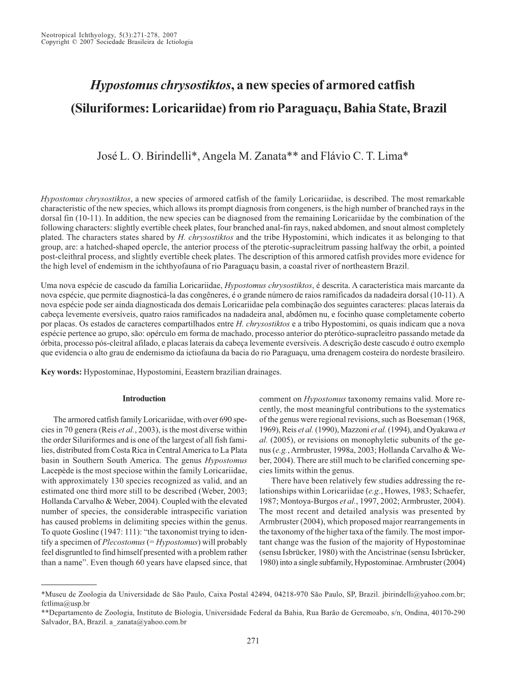 Hypostomus Chrysostiktos, a New Species of Armored Catfish (Siluriformes: Loricariidae) from Rio Paraguaçu, Bahia State, Brazil