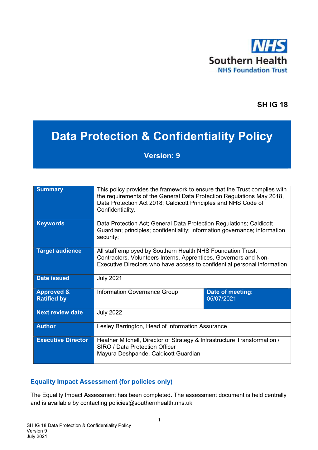 Data Protection, Caldicott and Confidentiality Policy SH IG 18