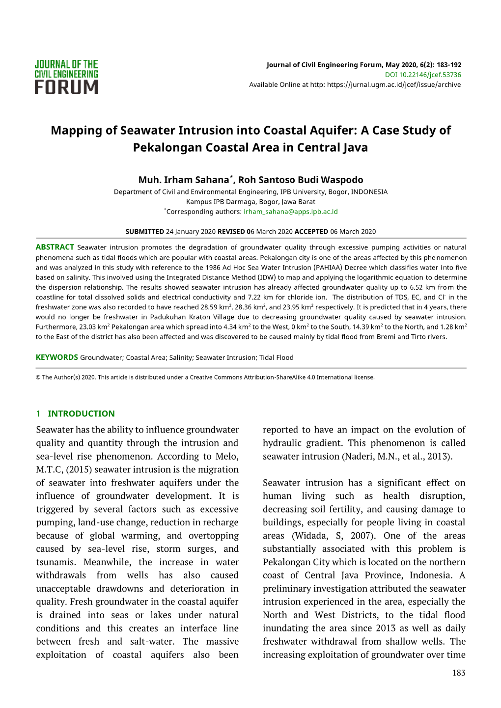 Mapping of Seawater Intrusion Into Coastal Aquifer: a Case Study of Pekalongan Coastal Area in Central Java