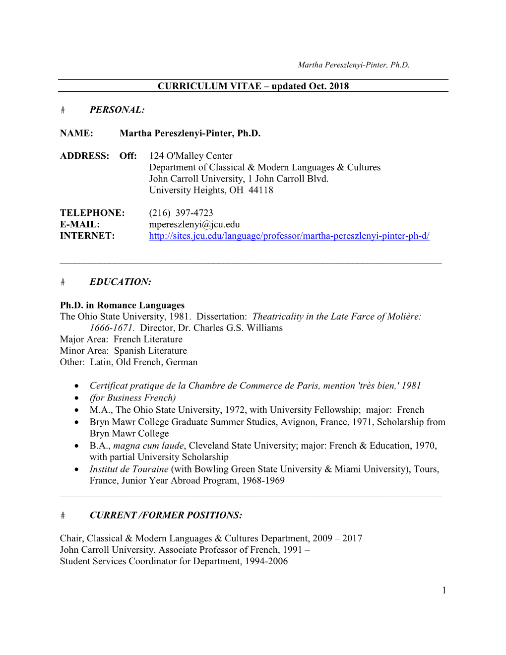 CURRICULUM VITAE – Updated Oct