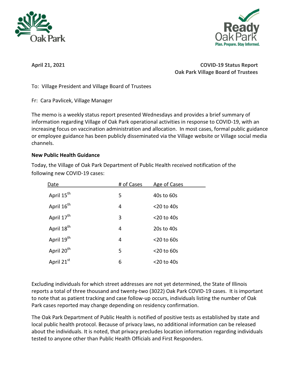 April 21, 2021 COVID-19 Status Report Oak Park Village Board of Trustees