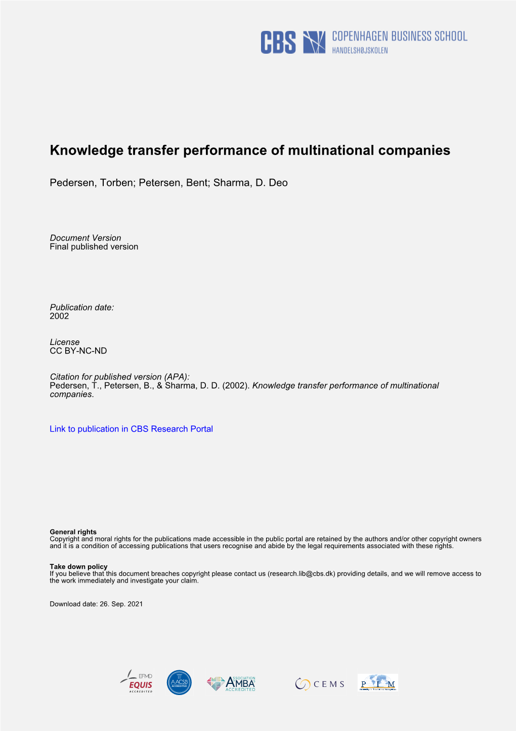 Knowledge Transfer Performance of Multinational Companies