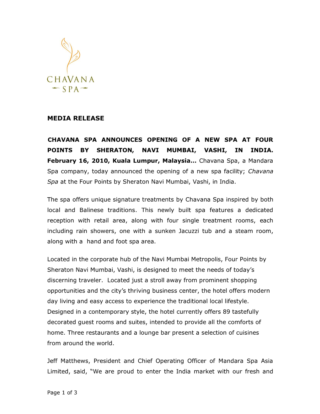 Chavana Spa Announces Opening of a New Spa at Four Points by Sheraton, Navi Mumbai, Vashi, in India