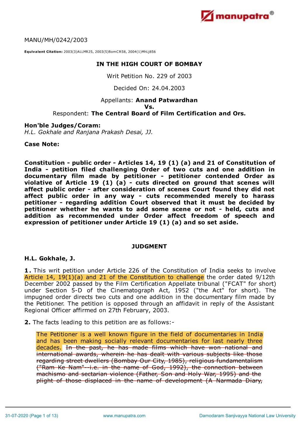 Anand Patwardhan Vs. the Central