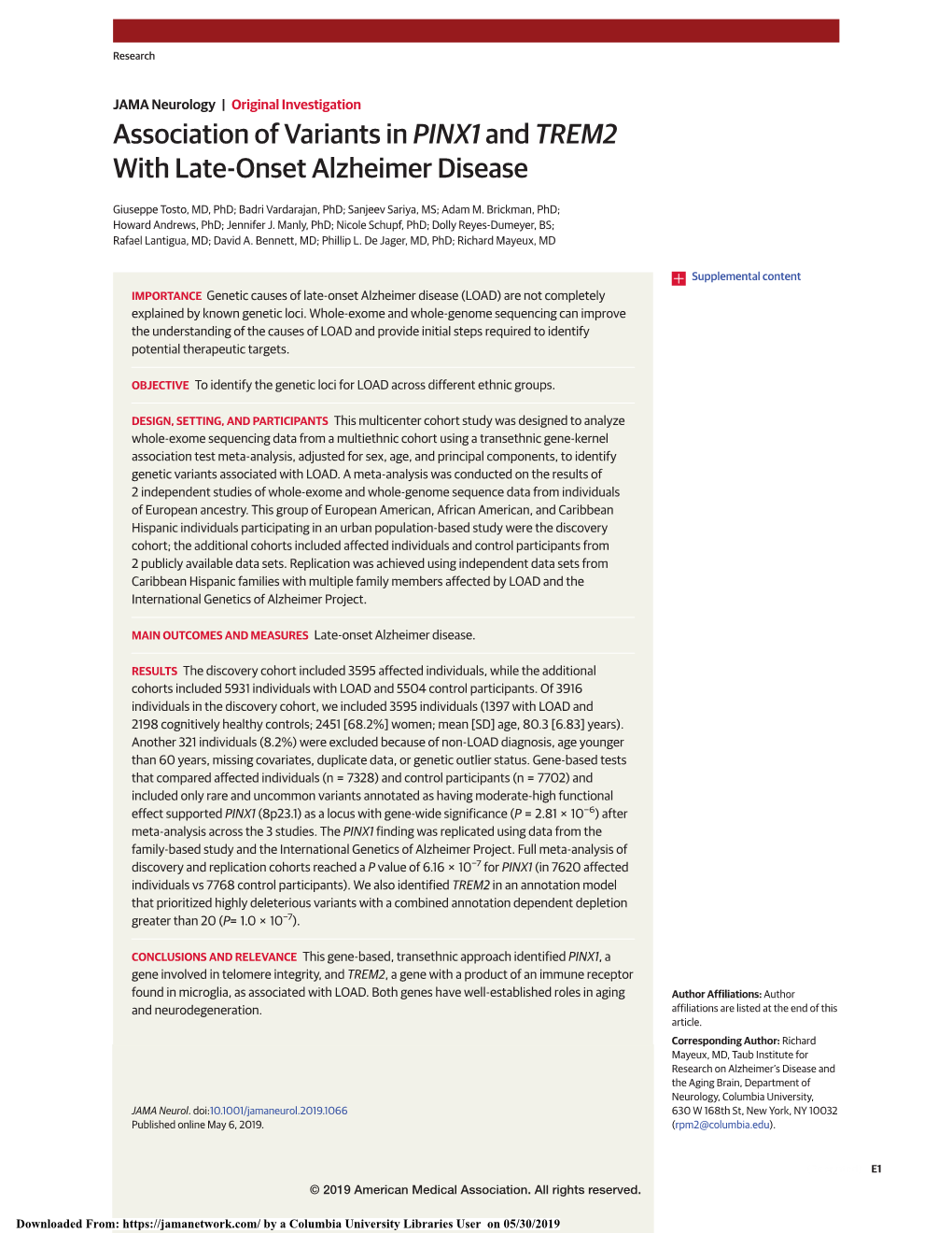 JAMA Neurology | Original Investigation Association of Variants in PINX1 and TREM2 with Late-Onset Alzheimer Disease