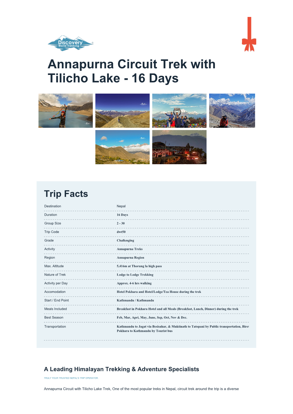 Annapurna Circuit Trek with Tilicho Lake - 16 Days
