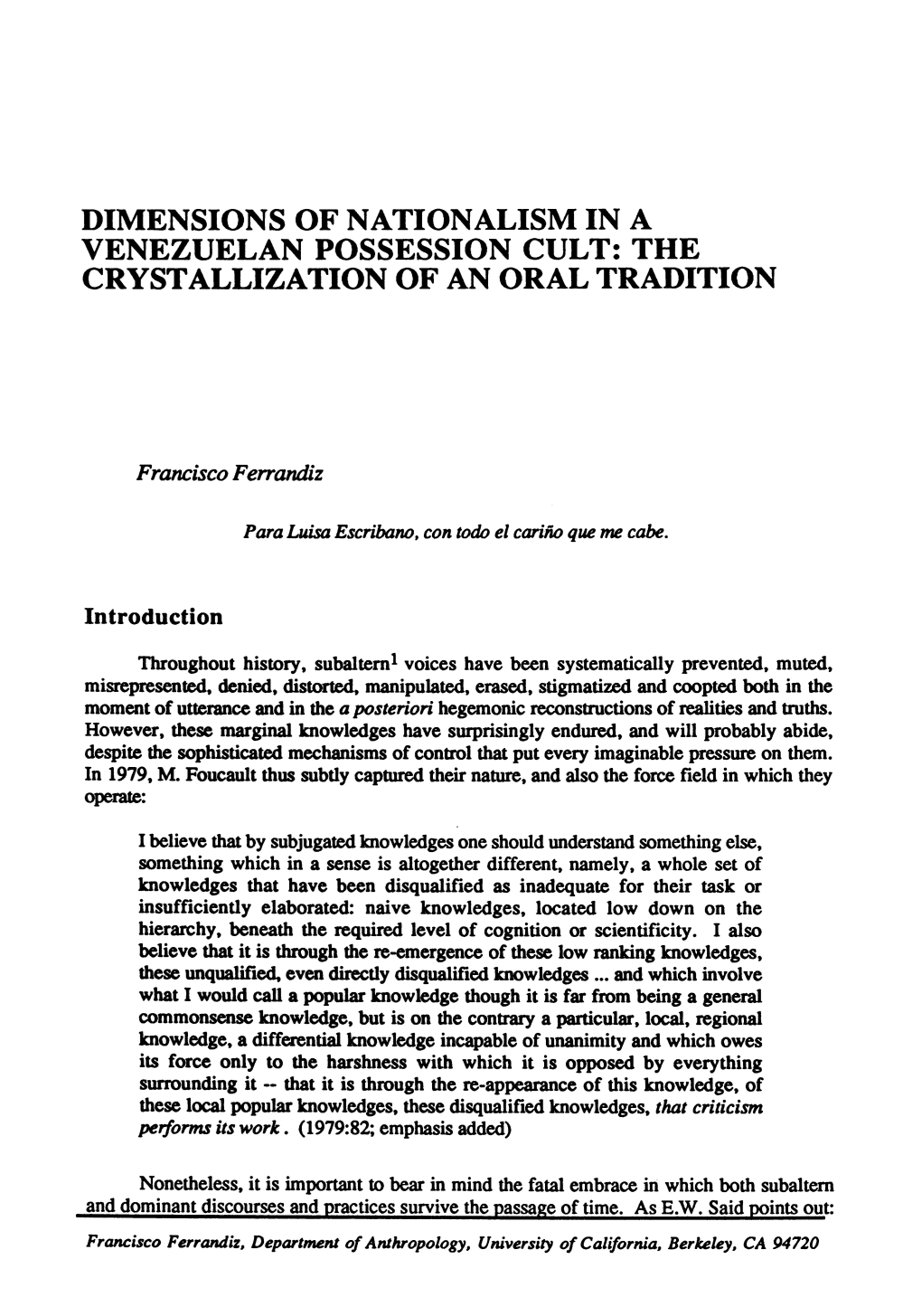 Dimensions of Nationalism in a Venezuelan Possession Cult: the Crystallization of an Oral Tradition
