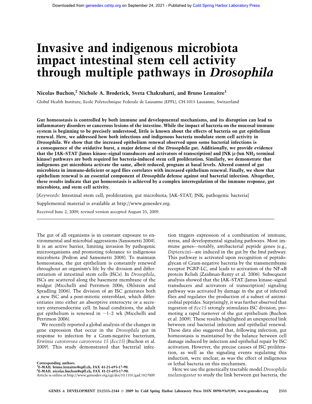 Invasive and Indigenous Microbiota Impact Intestinal Stem Cell Activity Through Multiple Pathways in Drosophila