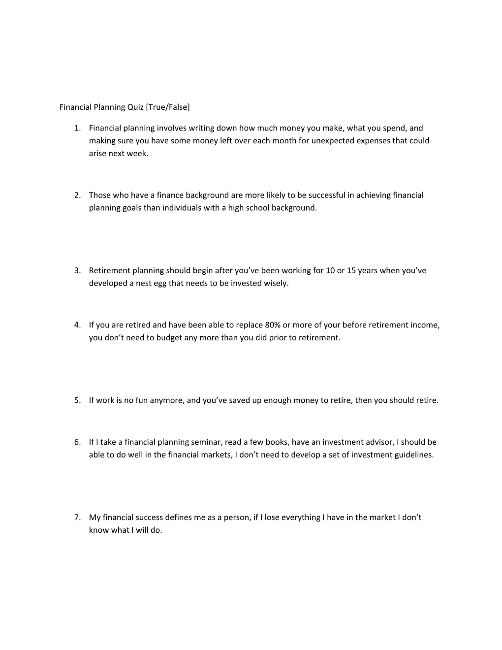 Financial Planning Quiz True/False