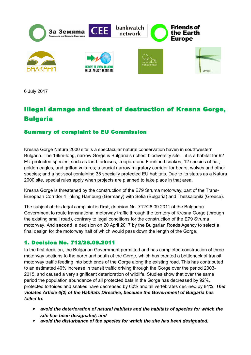 Illegal Damage and Threat of Destruction of Kresna Gorge, Bulgaria