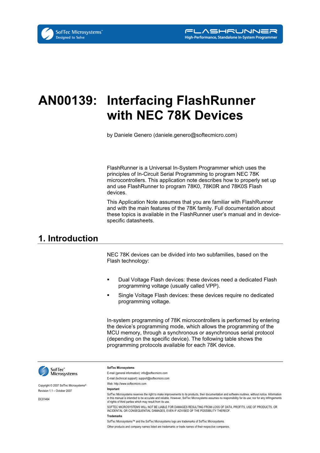 Interfacing Flashrunner with NEC 78K Devices