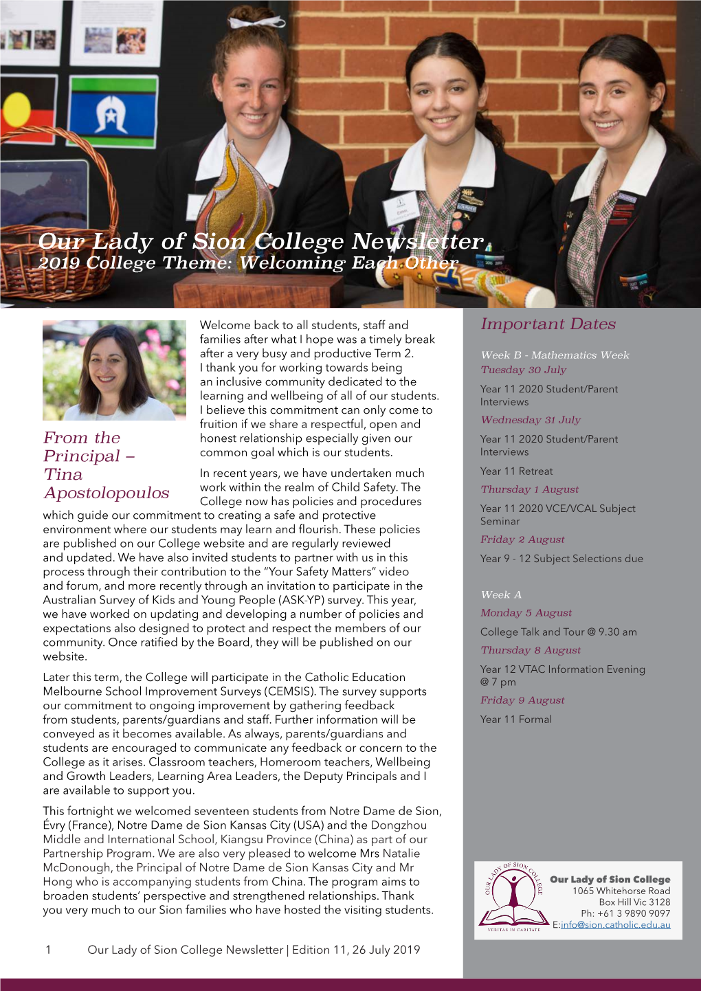 Principal Our Lady of Sion College Newsletter
