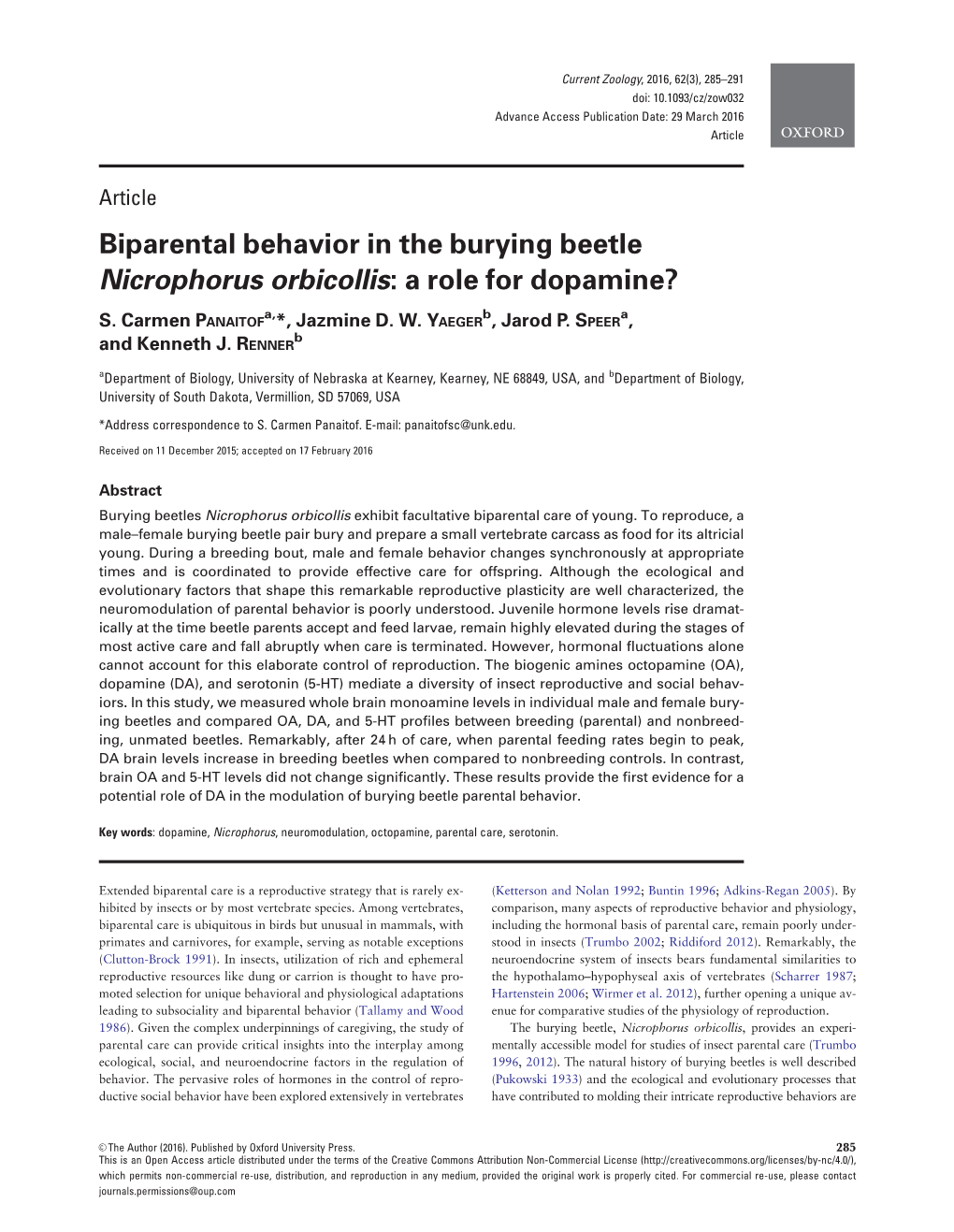 Biparental Behavior in the Burying Beetle Nicrophorus Orbicollis: a Role for Dopamine?