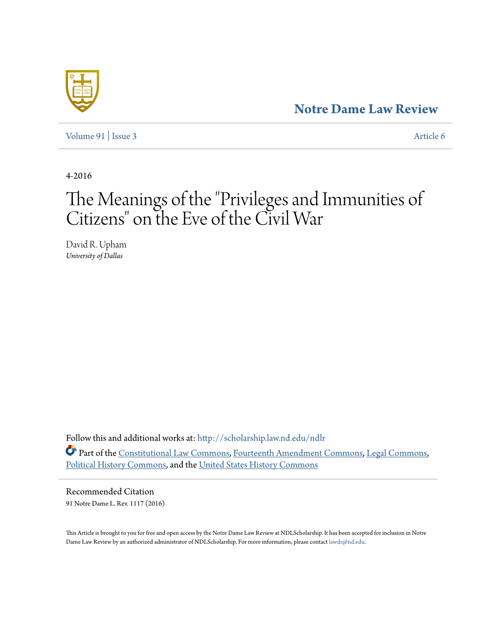 "Privileges and Immunities of Citizens" on the Eve of the Civil War David R