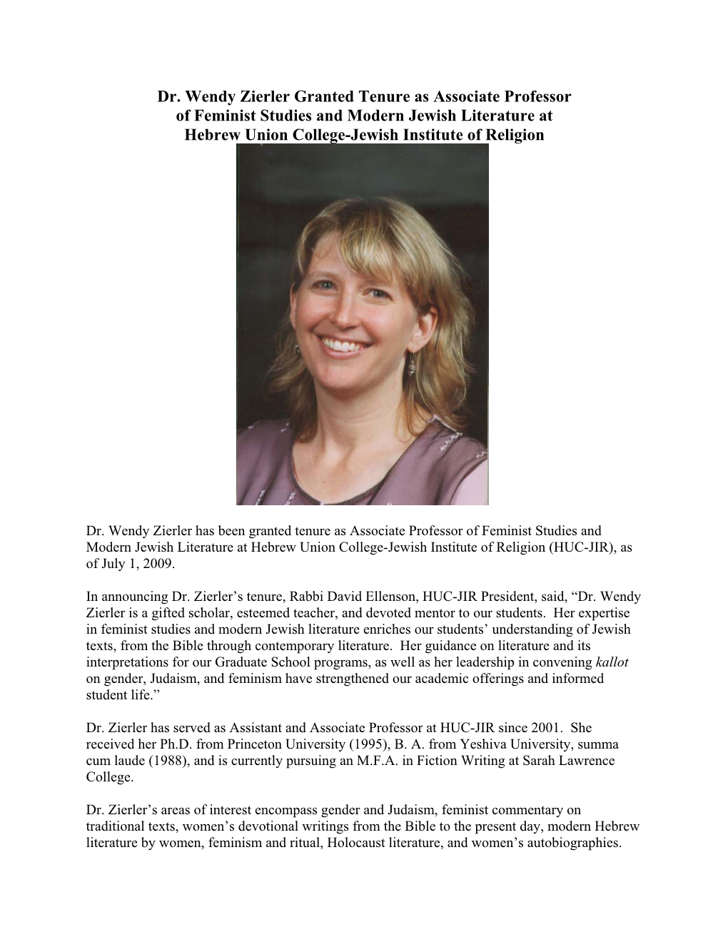 Dr. Wendy Zierler Granted Tenure As Associate Professor of Feminist Studies and Modern Jewish Literature at Hebrew Union College-Jewish Institute of Religion