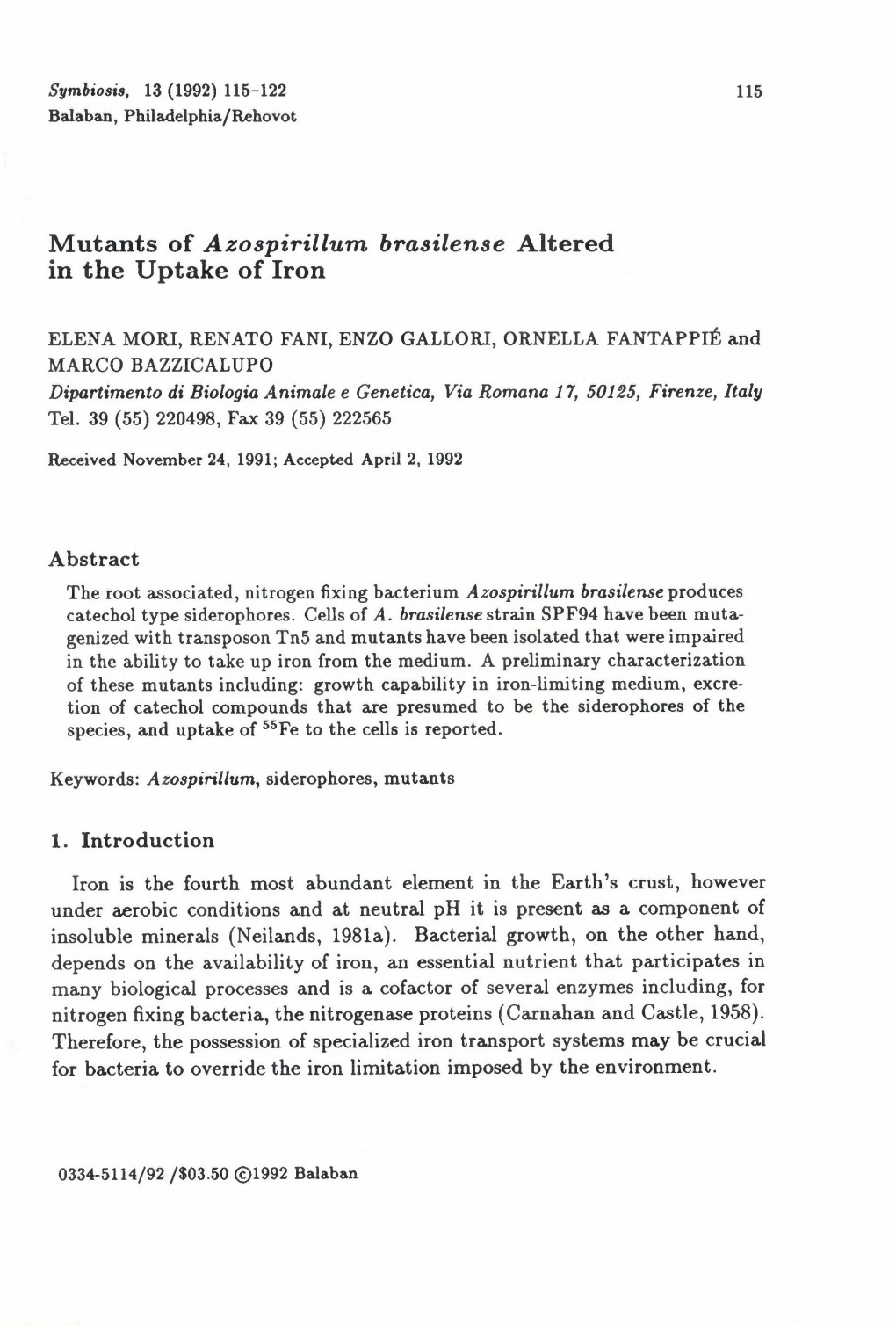 Mutants of Azospirillum Brasilense Altered in the Uptake of Iron