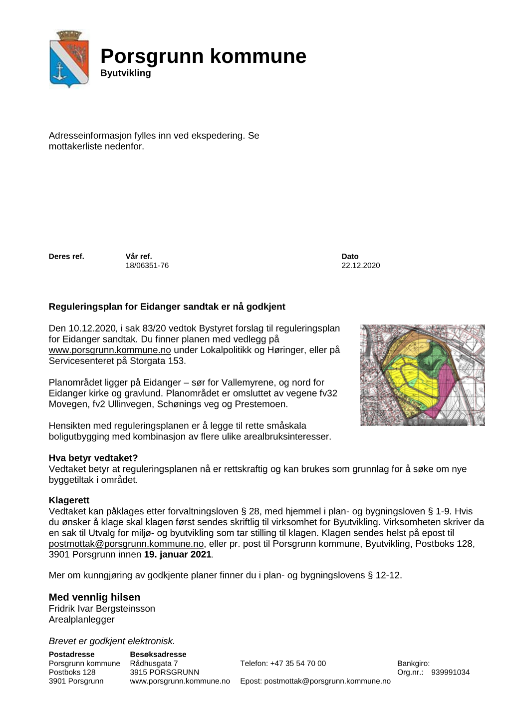 Reguleringsplan for Eidanger Sandtak Er Nå Godkjent