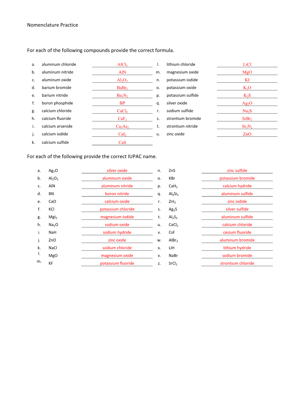 Nomenclature Practice for Each of the Following Compounds Provide The