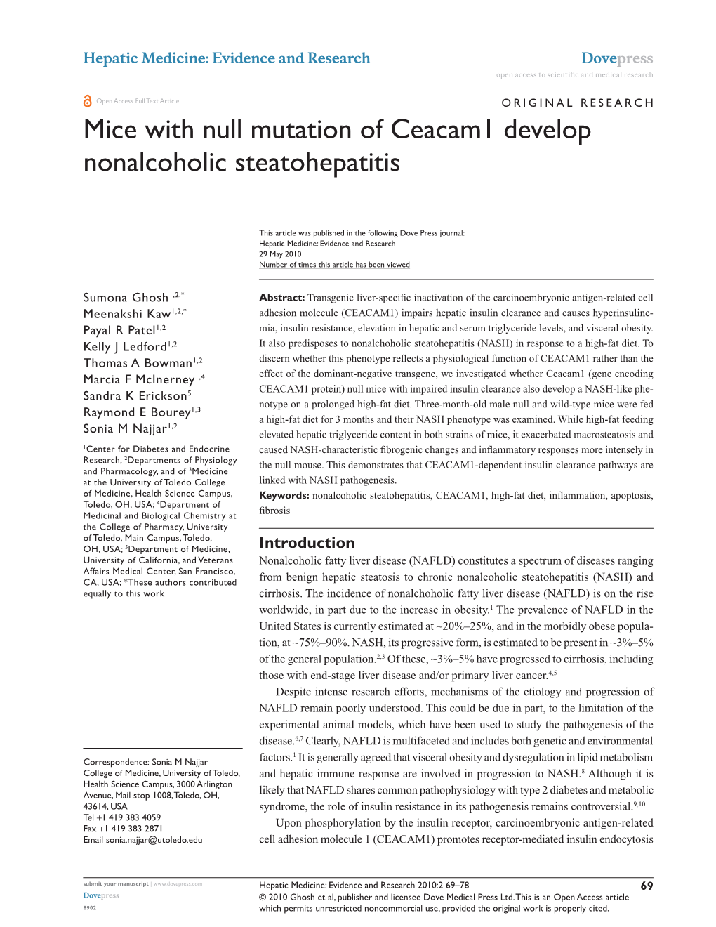 Mice with Null Mutation of Ceacam1 Develop Nonalcoholic Steatohepatitis