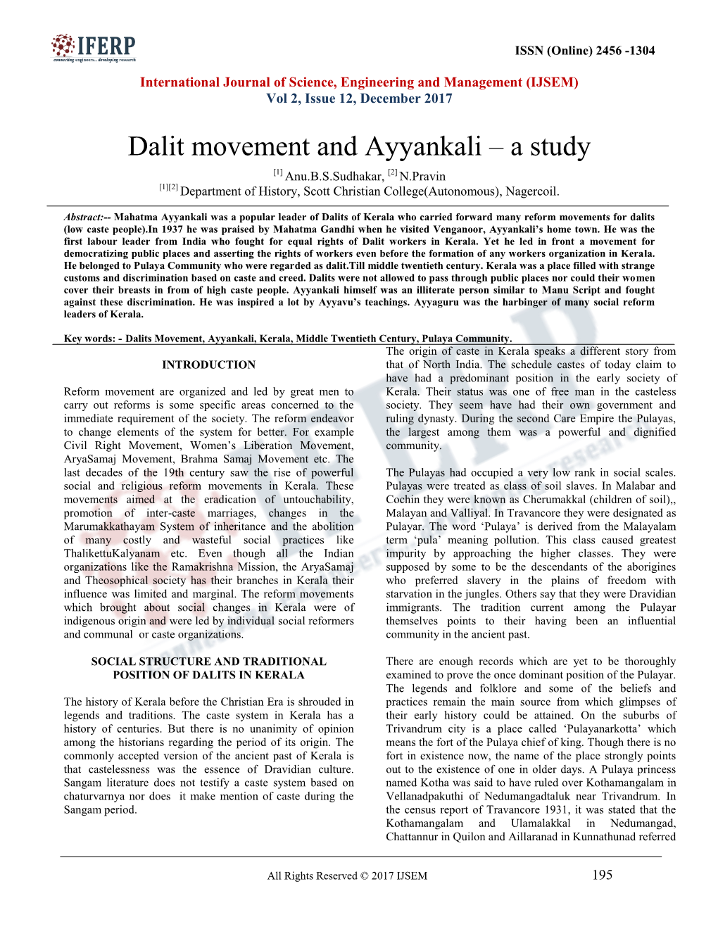 Dalit Movement and Ayyankali – a Study [1] Anu.B.S.Sudhakar, [2] N.Pravin [1][2] Department of History, Scott Christian College(Autonomous), Nagercoil