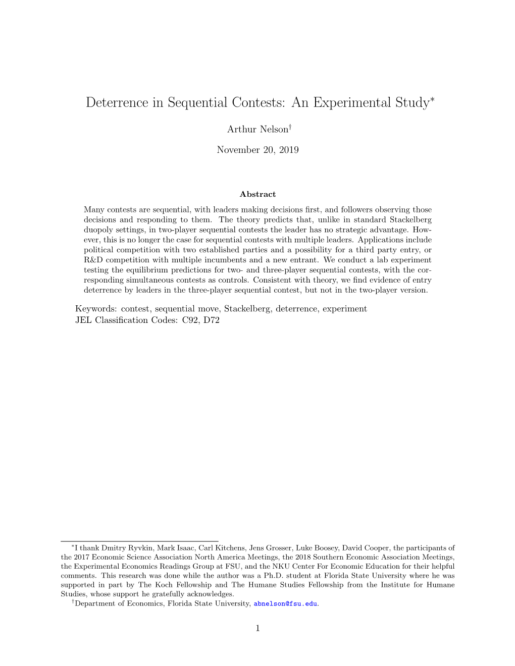Deterrence in Sequential Contests: an Experimental Study∗