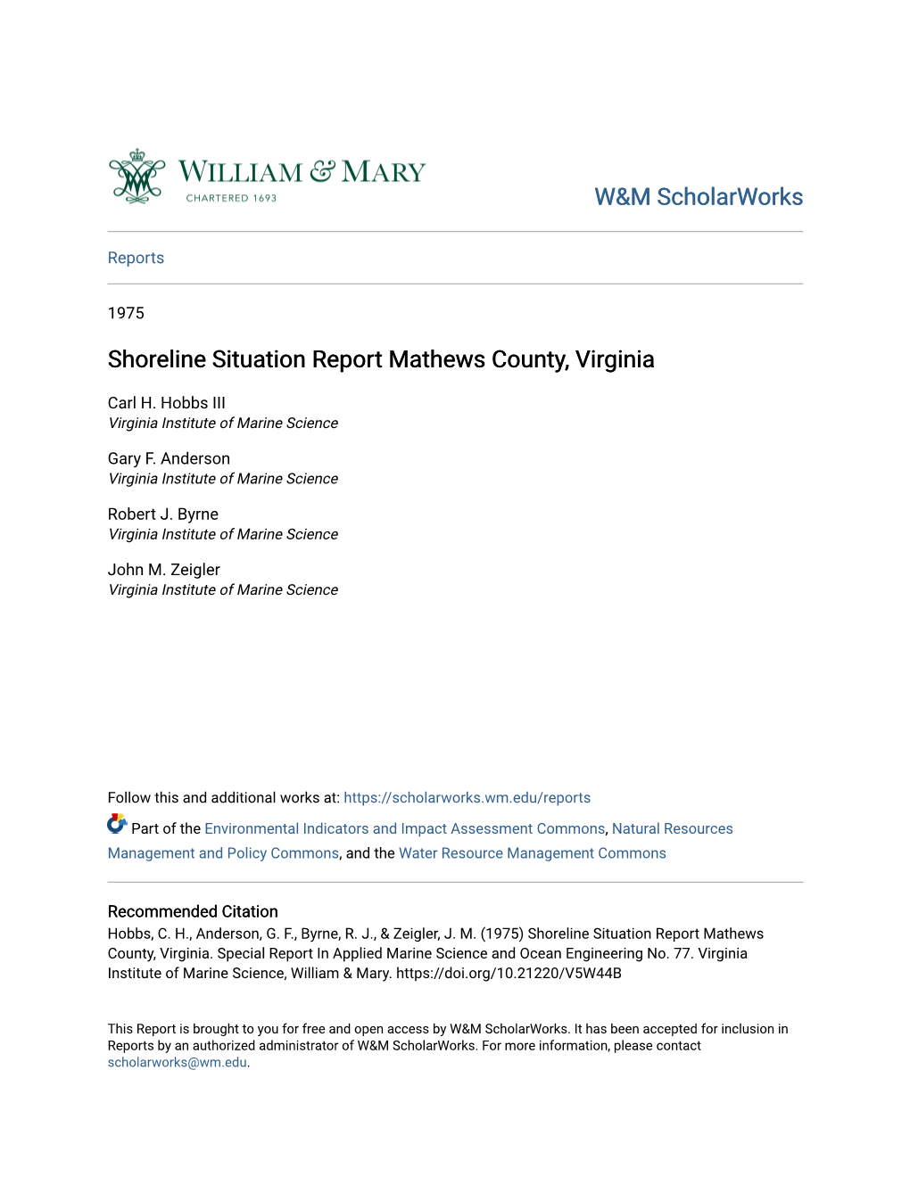 Shoreline Situation Report Mathews County, Virginia