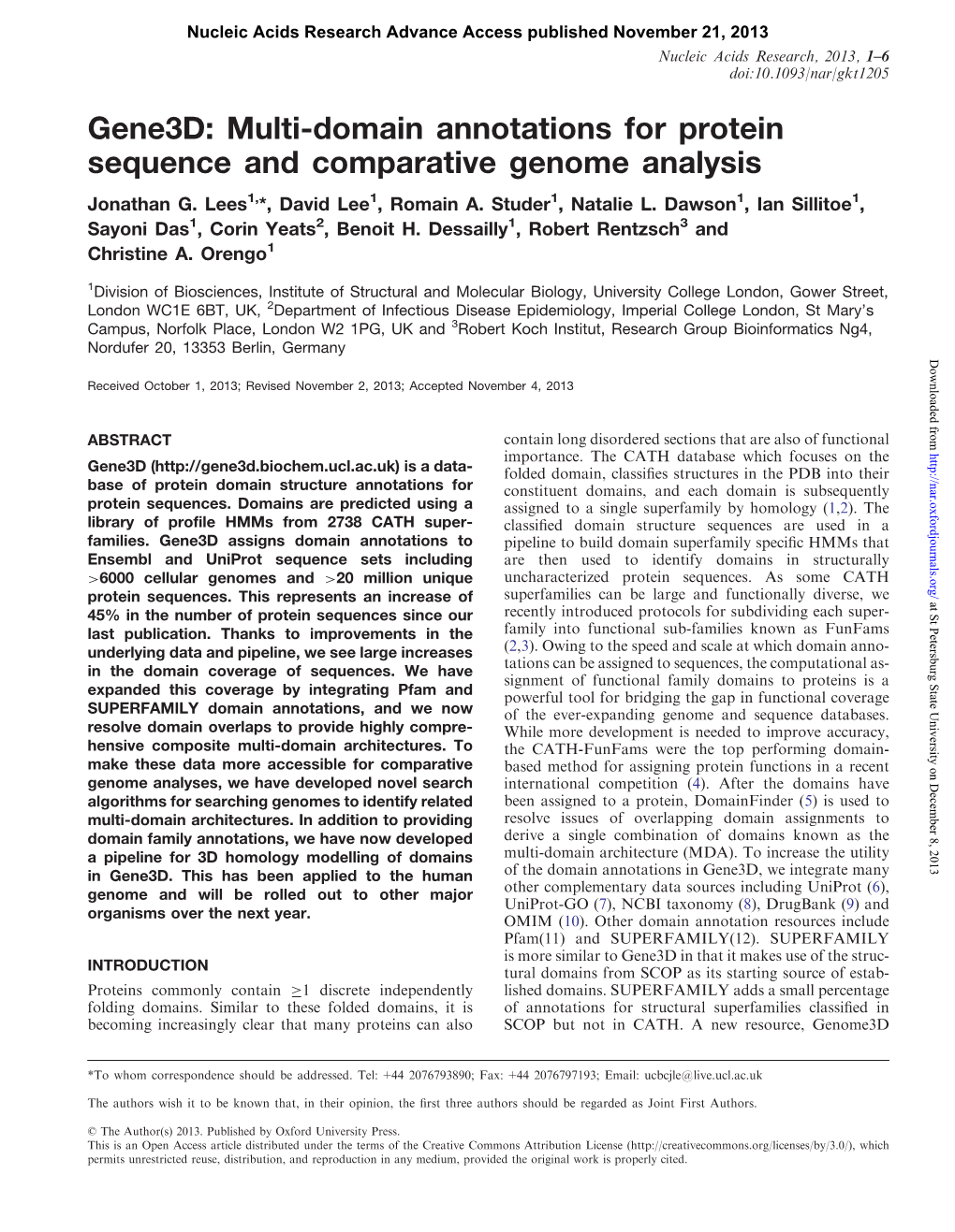 Gene3d: Multi-Domain Annotations for Protein Sequence and Comparative Genome Analysis Jonathan G