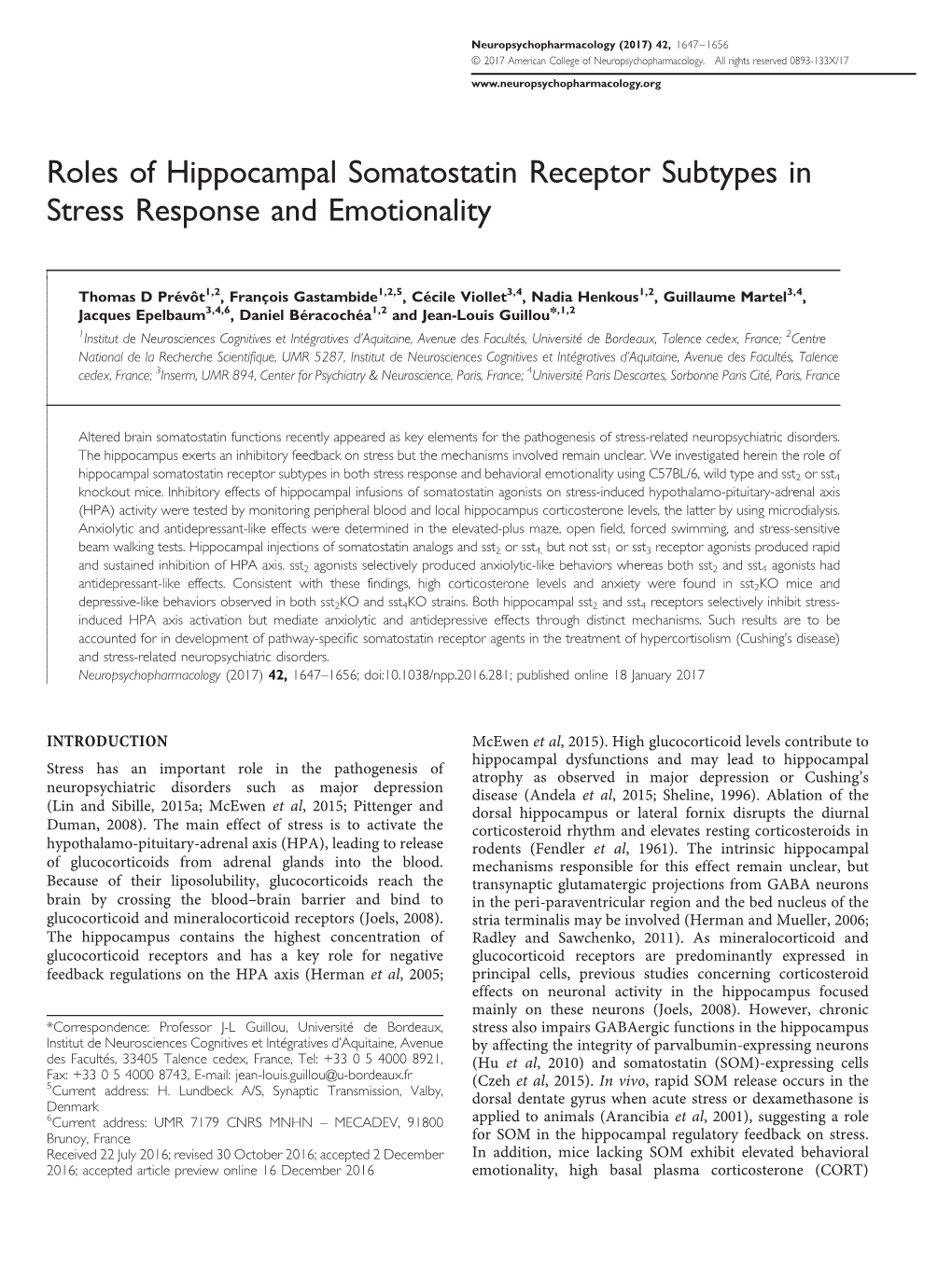 Roles of Hippocampal Somatostatin Receptor Subtypes in Stress Response and Emotionality