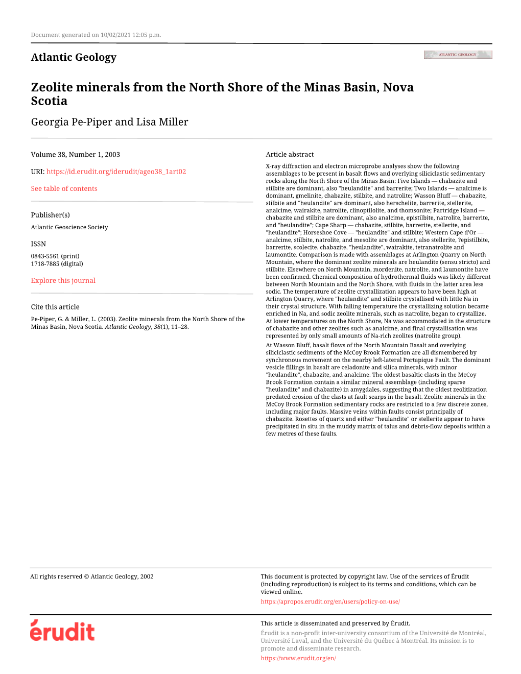 Zeolite Minerals from the North Shore of the Minas Basin, Nova Scotia Georgia Pe-Piper and Lisa Miller