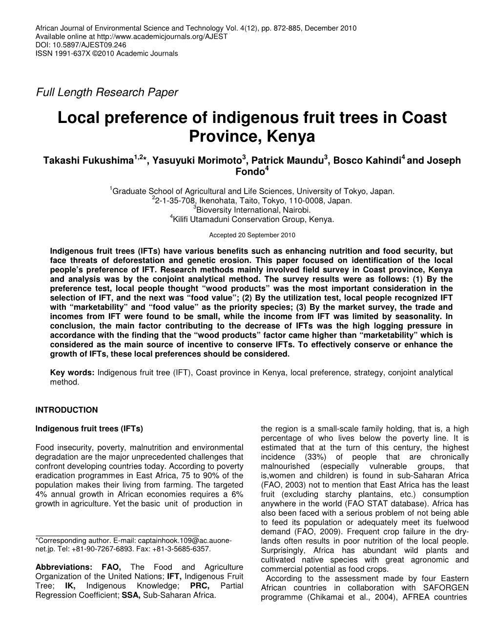 Local Preference of Indigenous Fruit Trees in Coast Province, Kenya