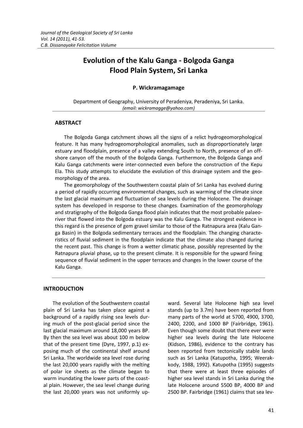 Evolution of the Kalu Ganga - Bolgoda Ganga Flood Plain System, Sri Lanka