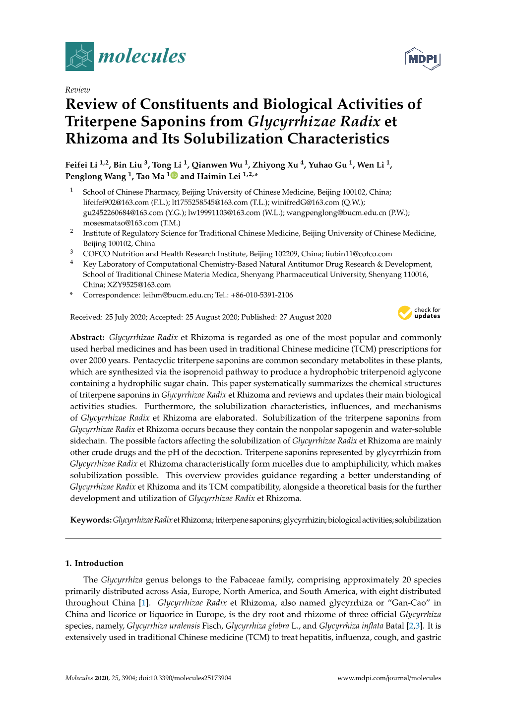 Review of Constituents and Biological Activities of Triterpene Saponins from Glycyrrhizae Radix Et Rhizoma and Its Solubilization Characteristics