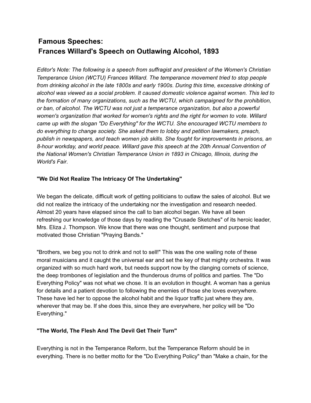 Famous Speeches: Frances Willard's Speech on Outlawing Alcohol, 1893