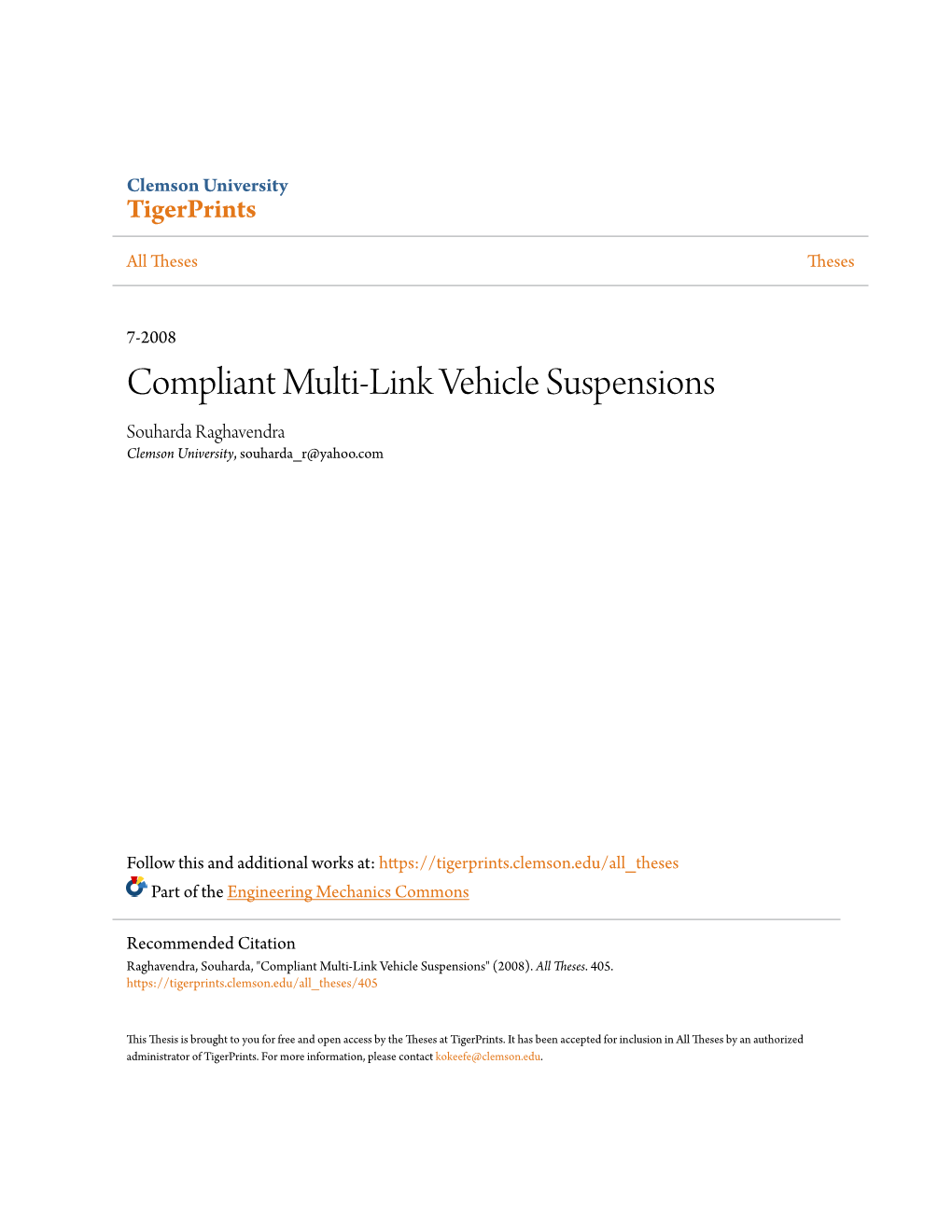 Compliant Multi-Link Vehicle Suspensions Souharda Raghavendra Clemson University, Souharda R@Yahoo.Com