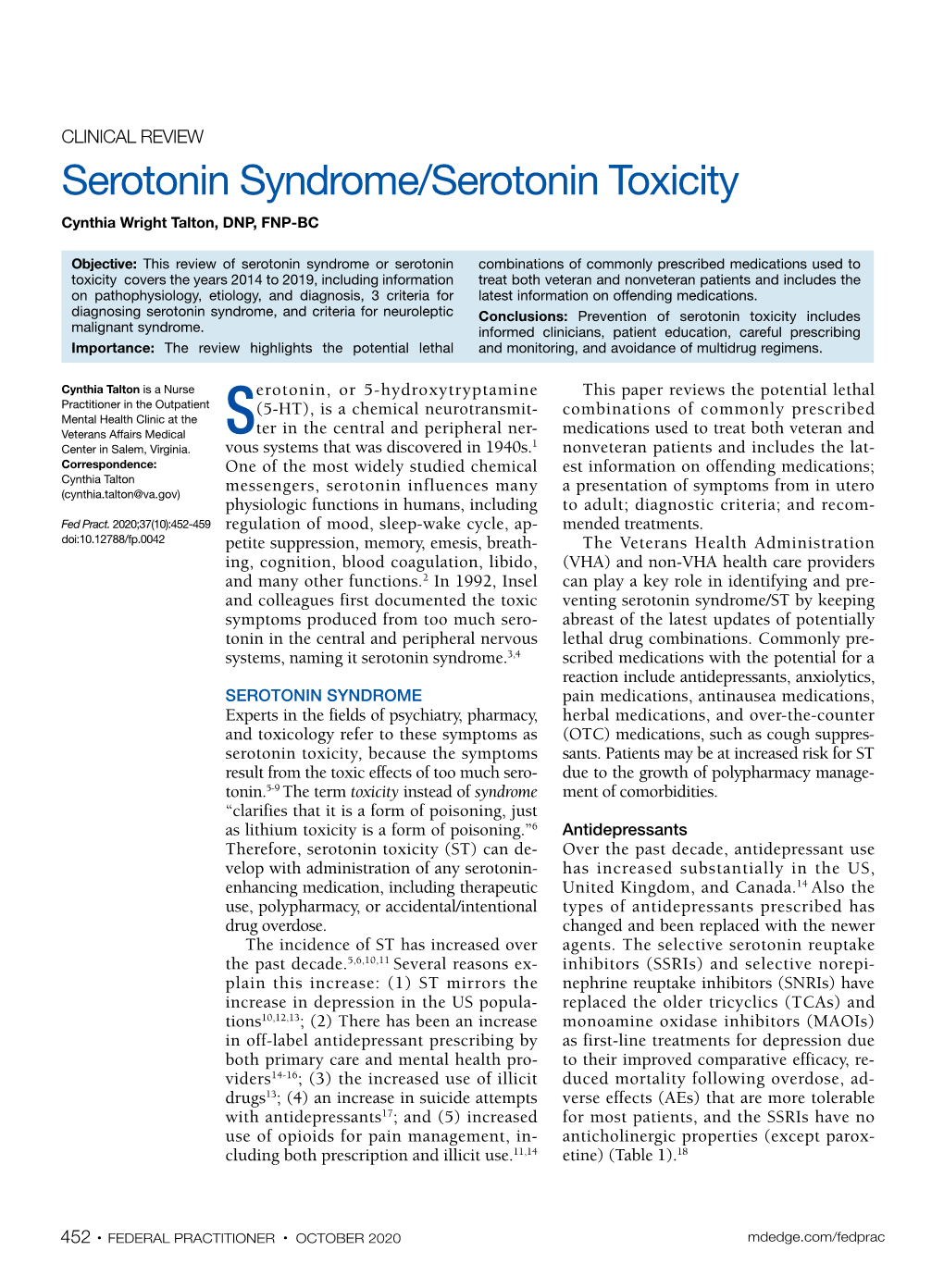 Serotonin Syndrome/Serotonin Toxicity Cynthia Wright Talton, DNP, FNP-BC