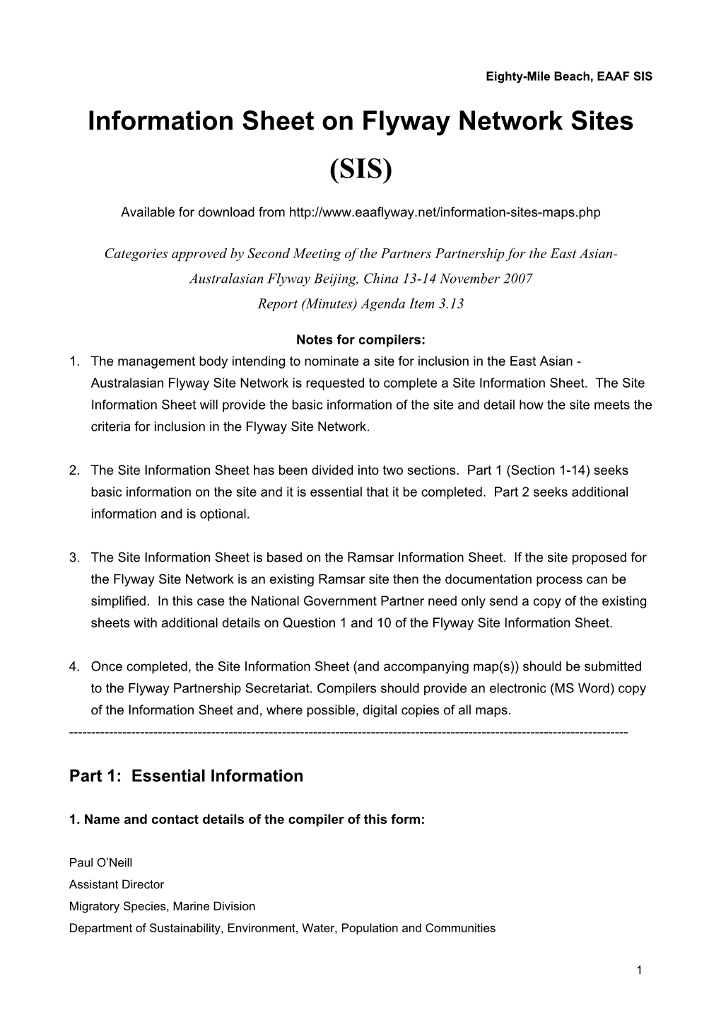 Information Sheet on Flyway Network Sites (SIS)