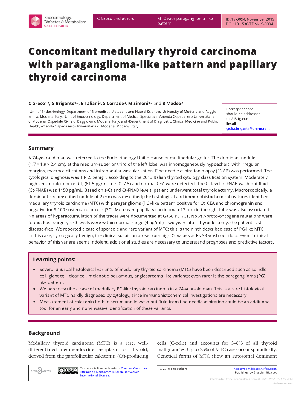 Concomitant Medullary Thyroid Carcinoma with Paraganglioma-Like Pattern and Papillary Thyroid Carcinoma