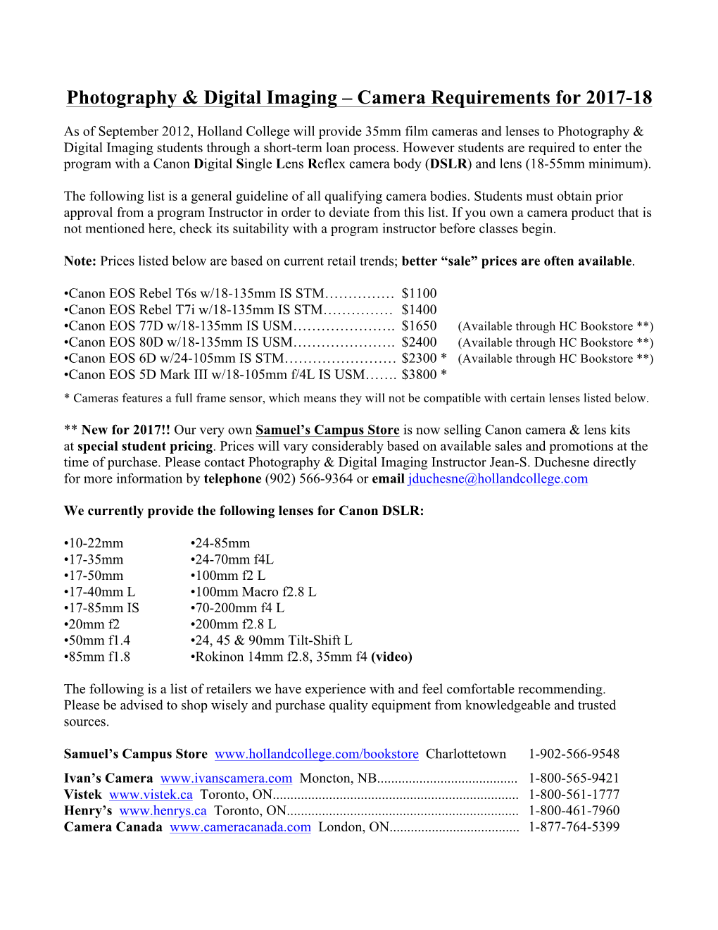 Camera Requirements 2017-18