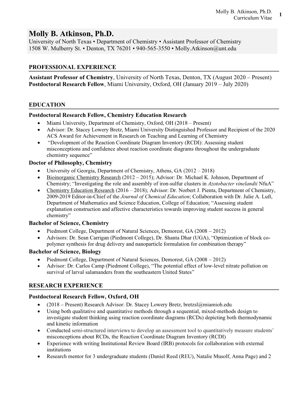 Molly B. Atkinson, Ph.D. 1 Curriculum Vitae