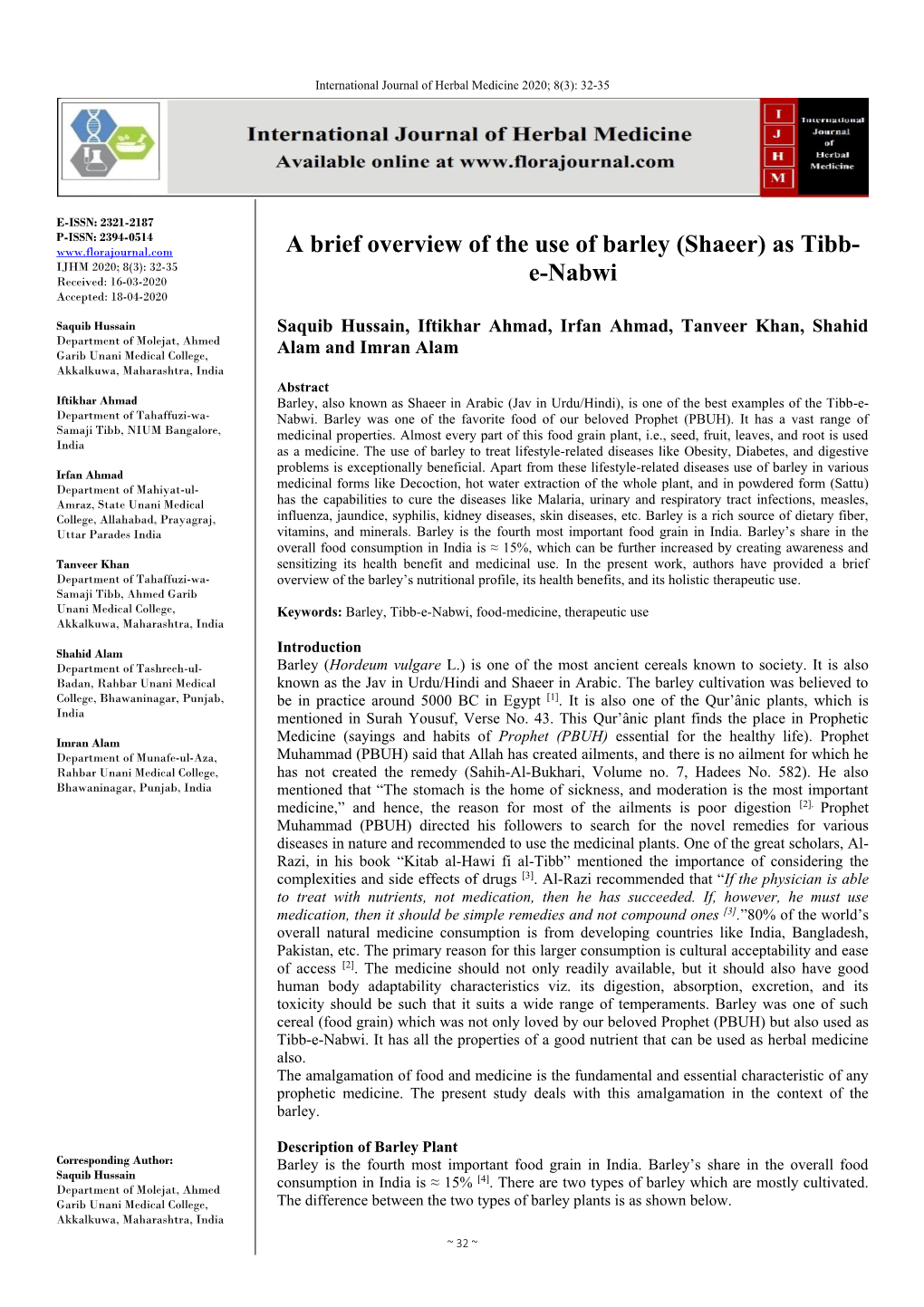 A Brief Overview of the Use of Barley (Shaeer) As Tibb- E-Nabwi