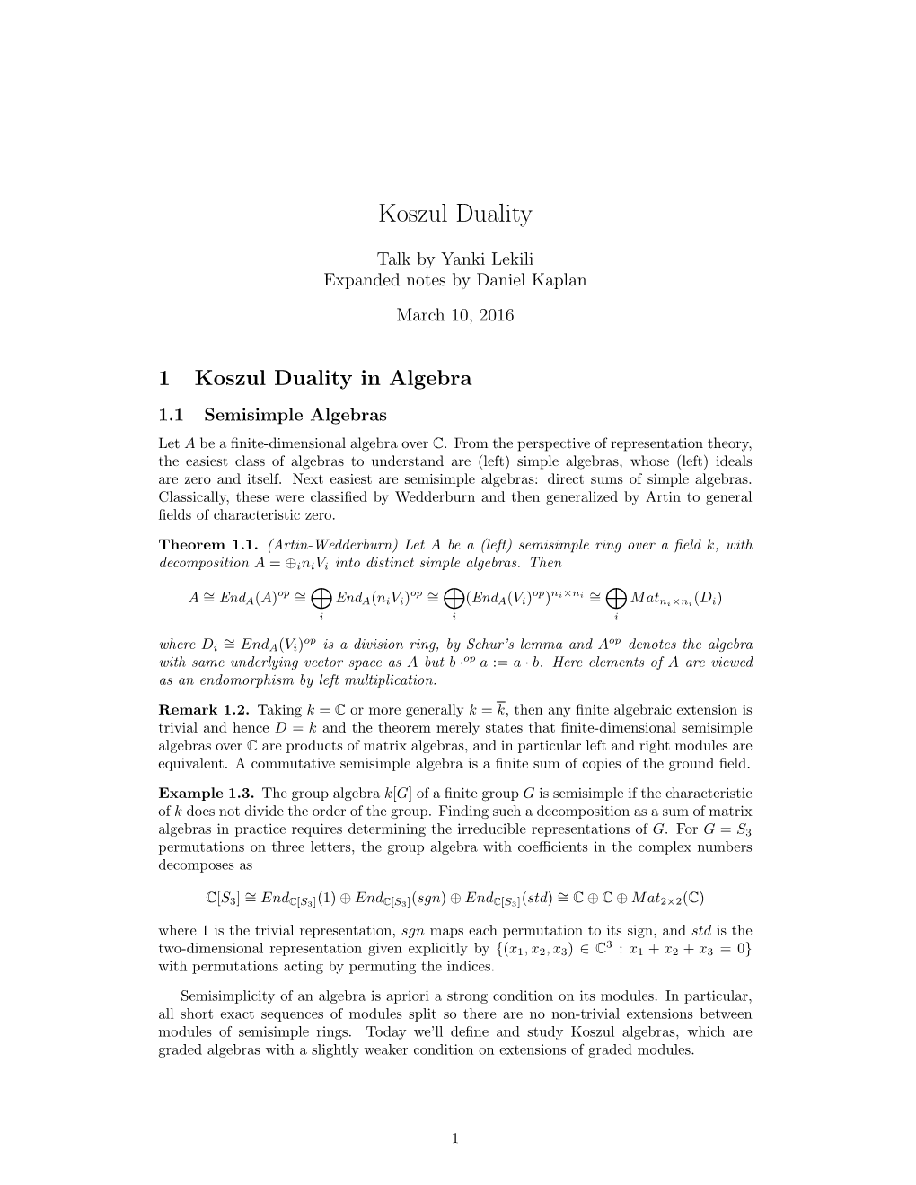 1 Koszul Duality in Algebra 1.1 Semisimple Algebras